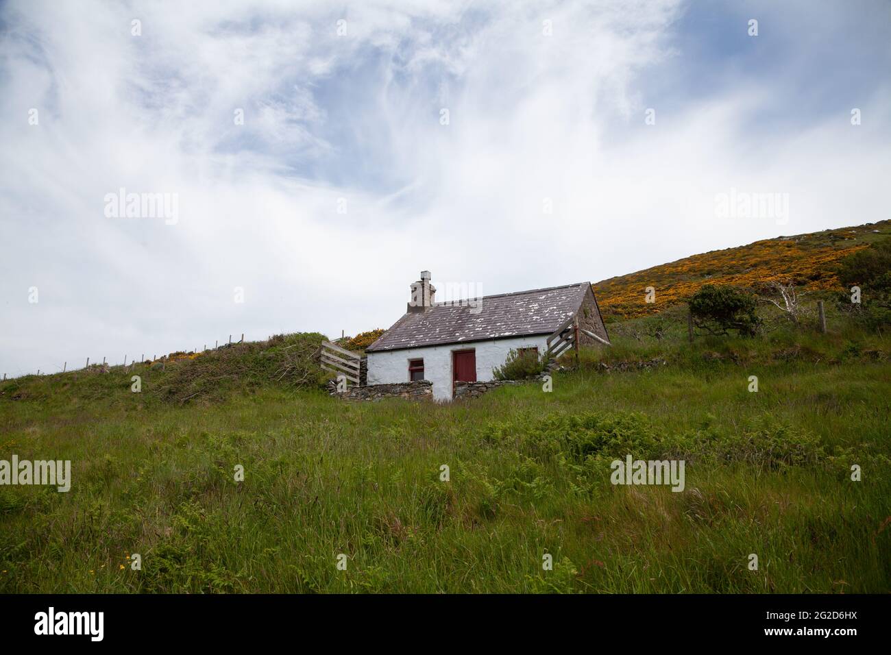 Un piccolo cottage tradizionale gallese conosciuto come Carreg Bach su Ynys Enlli / Bardsey Island con pareti in pietra dipinte di bianco e finestre dipinte di rosso sulla porta d'ingresso Foto Stock