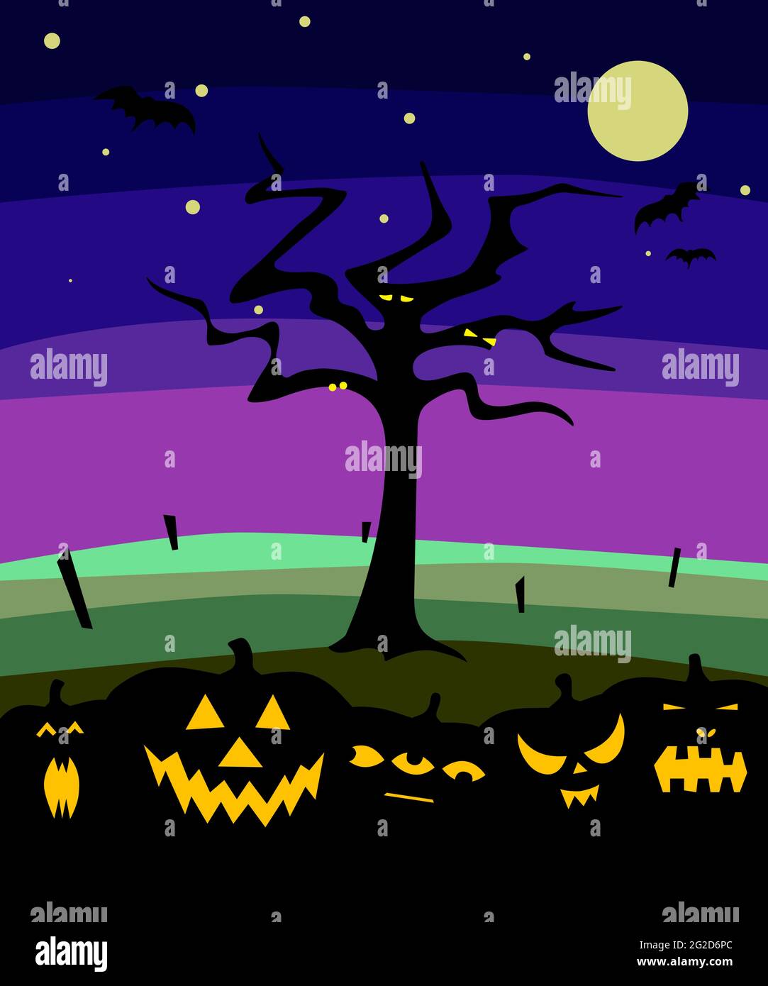 Banner Halloween con zucche e silhouette ad albero su sfondo notturno. Autunno spaventoso paesaggio. Personaggi delle feste, cielo con stelle, occhi luminosi. HAP Illustrazione Vettoriale