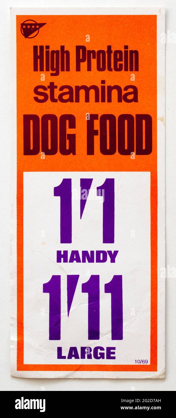 Vintage anni '60 Shop Pubblicità Food Price Card - Stamina Dog Food Foto Stock