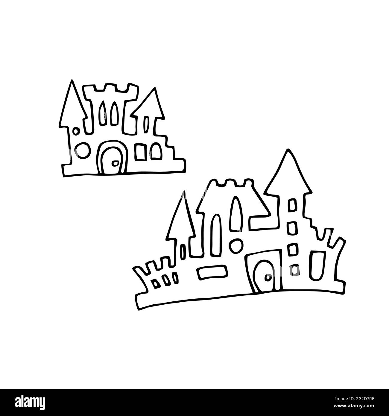 Set di castelli vettoriali Doodle. Case disegnate a mano isolate su sfondo bianco. Torri di contorno per stampe per bambini, Halloween, imballaggio, abbigliamento. Carto Illustrazione Vettoriale