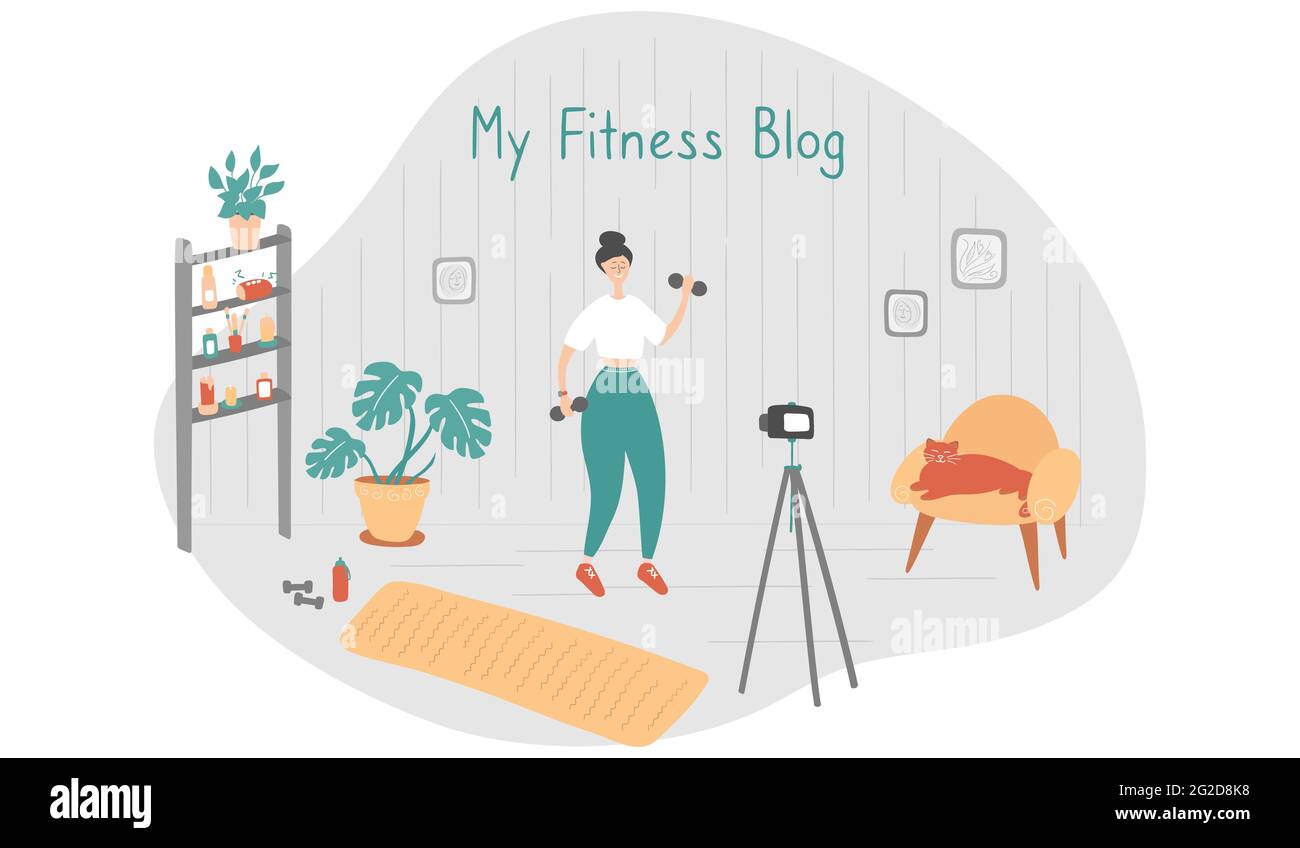 Fitness blogger. Giovane donna registra video. Sportswoman mostra esercizi sul blog. Internet STAR sta trasmettendo dal vivo per i suoi seguaci. Piatto vettoriale Illustrazione Vettoriale