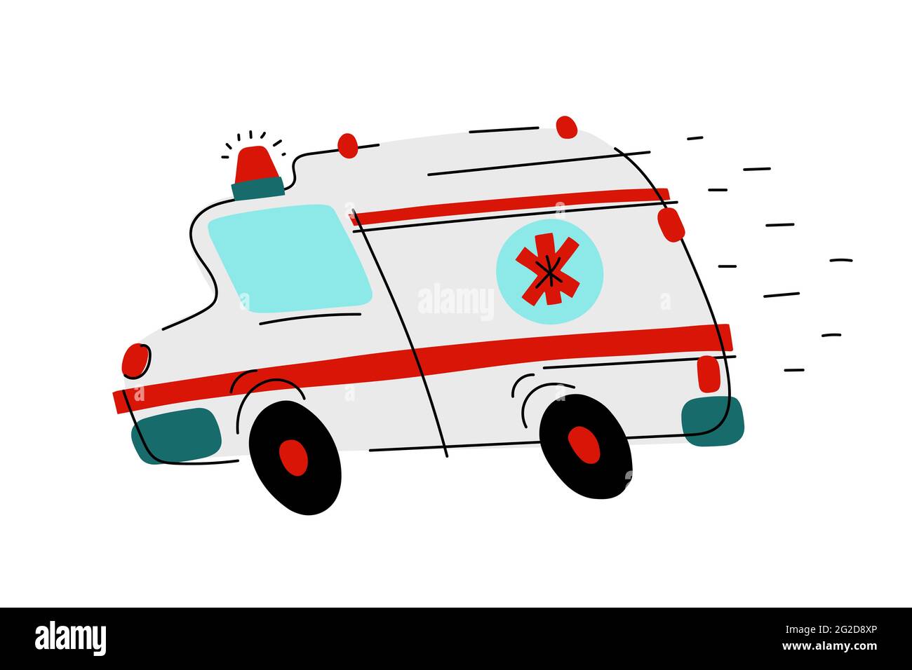 Cartoon ambulanza bianca con segni rossi. Veicolo di soccorso medico isolato su sfondo bianco. Il trasporto paramedico si muove velocemente con luci, sirena. Io Illustrazione Vettoriale