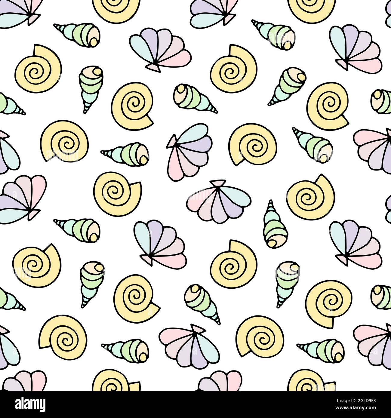 Campitura vettoriale senza giunture. Cartoon pastello lumache di mare isolato su sfondo bianco. Random Shell Illustrazione acquatica per carta da parati, w Illustrazione Vettoriale
