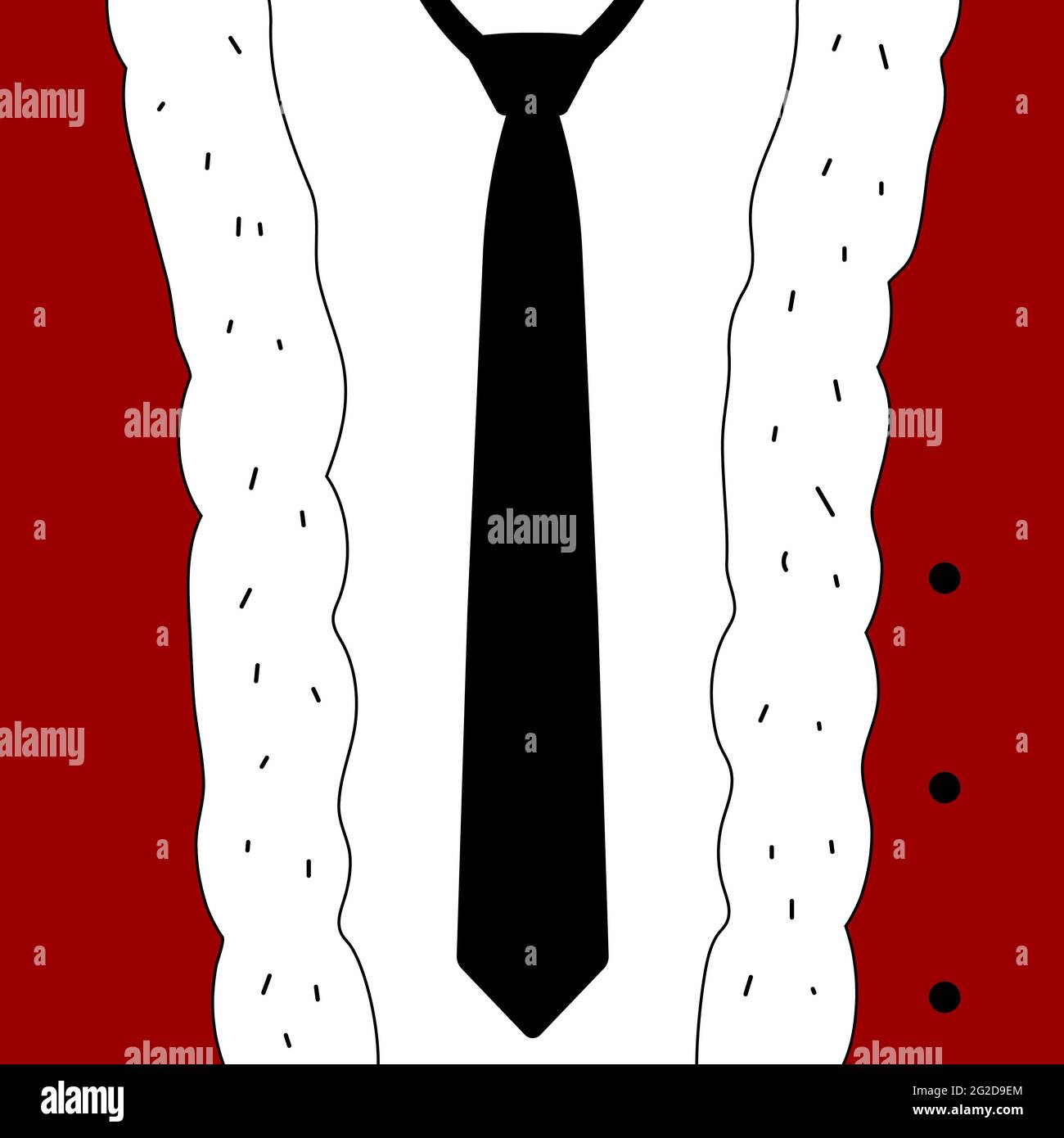 Scheda di Natale. Babbo Natale in costume rosso, tuta da ufficio. Cravatta nera, camicia bianca, costume rosso carnevale con pelliccia, bottoni. Congratulazioni festi Illustrazione Vettoriale