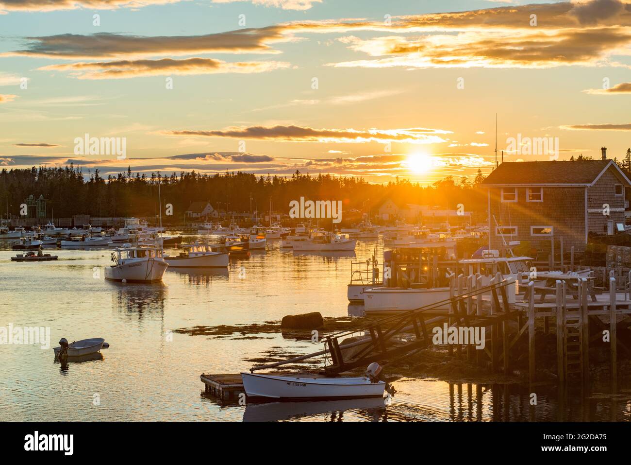 Tramonto su Carvers Harbour con barche ormeggiate a base di aragoste, Vinalhaven Island, Maine, USA Foto Stock