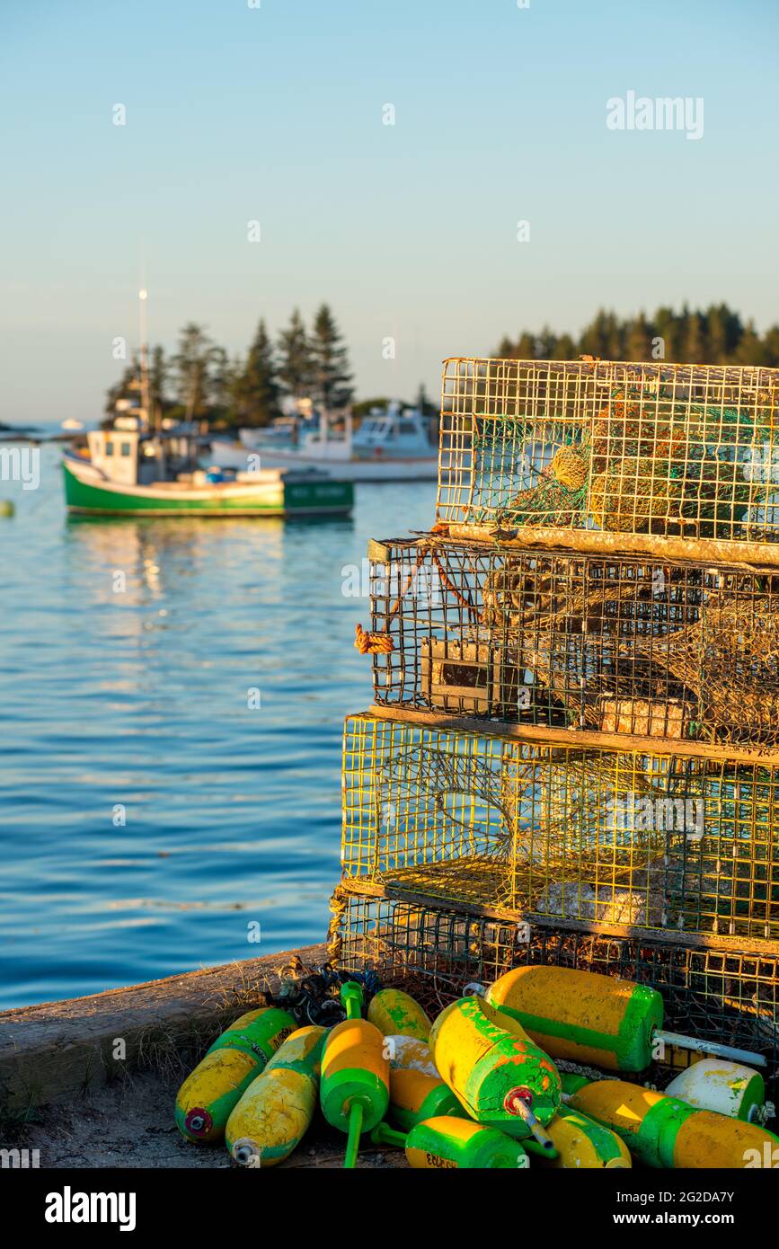 Lobster Trap e boe al molo con barche a base di aragoste ormeggiate a Harbour, Carvers Harbour, Vinalhaven Island, Maine, USA Foto Stock