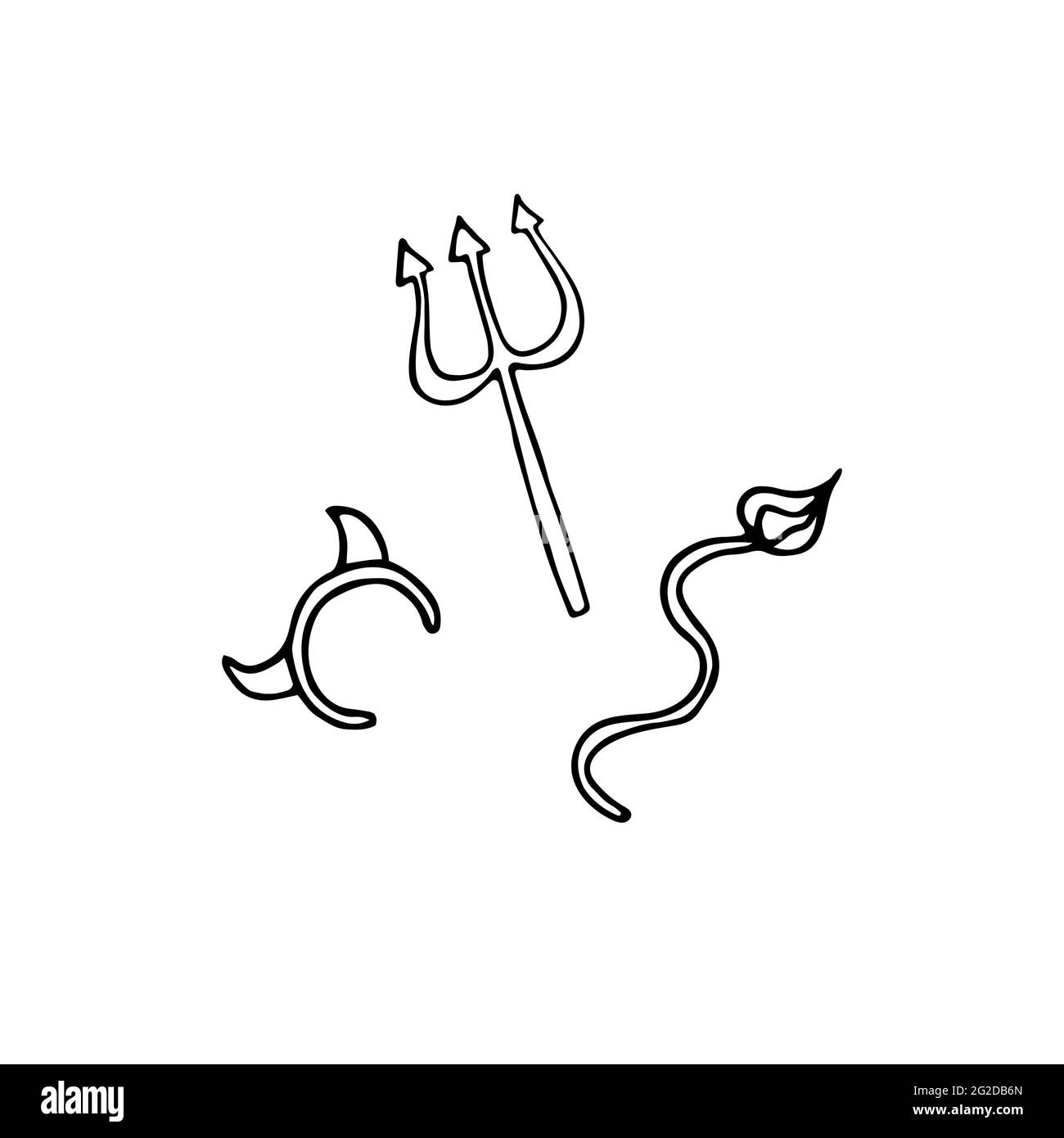 Accessori Halloween set doodle. Delineare i dettagli dei diavoli. Corna disegnate a mano, tridente, coda isolata su sfondo bianco. Vestito demone simbolo di chi Illustrazione Vettoriale