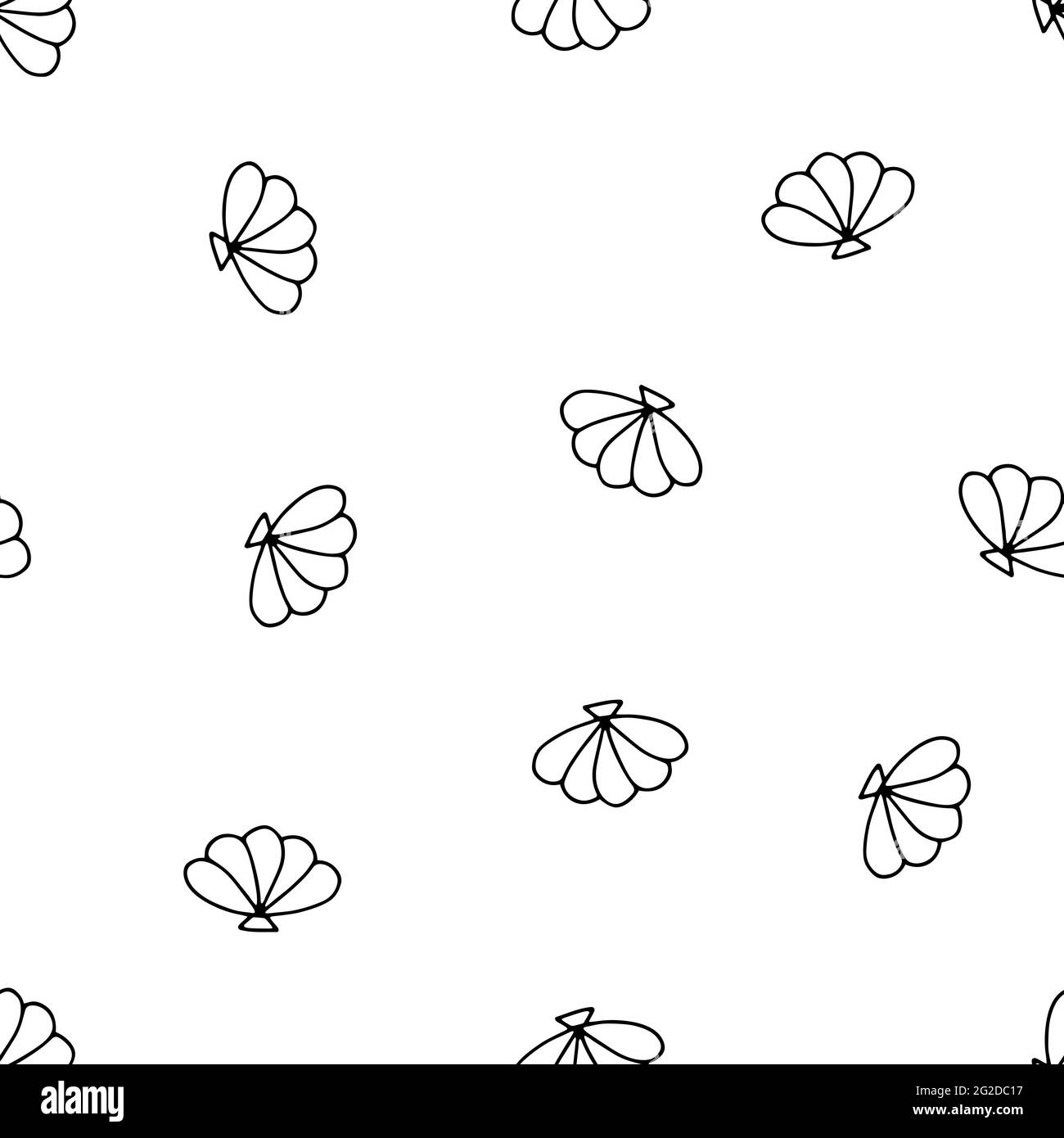 Seashells modello vettoriale estivo senza cuciture. Conchiglie nere isolate su sfondo bianco. Illustrazione con shell casuali per sfondo, wrap Illustrazione Vettoriale