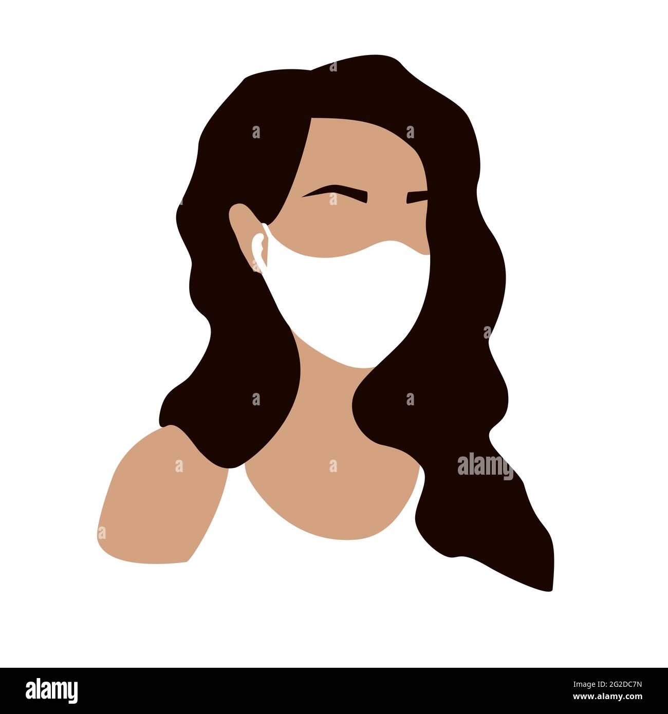 Donna in maschera medica concetto di moda. Carattere piatto isolato su sfondo bianco. Ragazza dalla pelle scura con capelli lunghi, cuffie wireless. Virus, corona Illustrazione Vettoriale