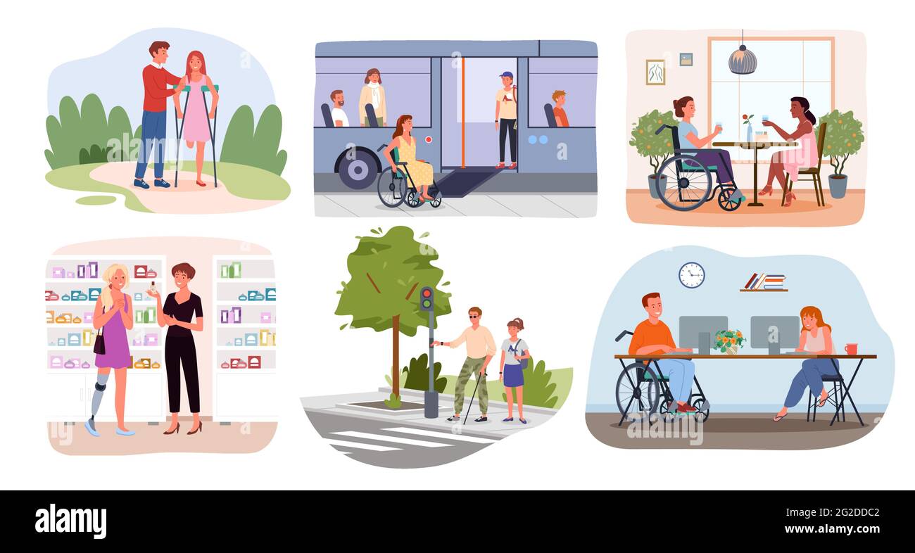 Disabili persone in scene di stile di vita, mondo internazionale disabilità giorno set Illustrazione Vettoriale