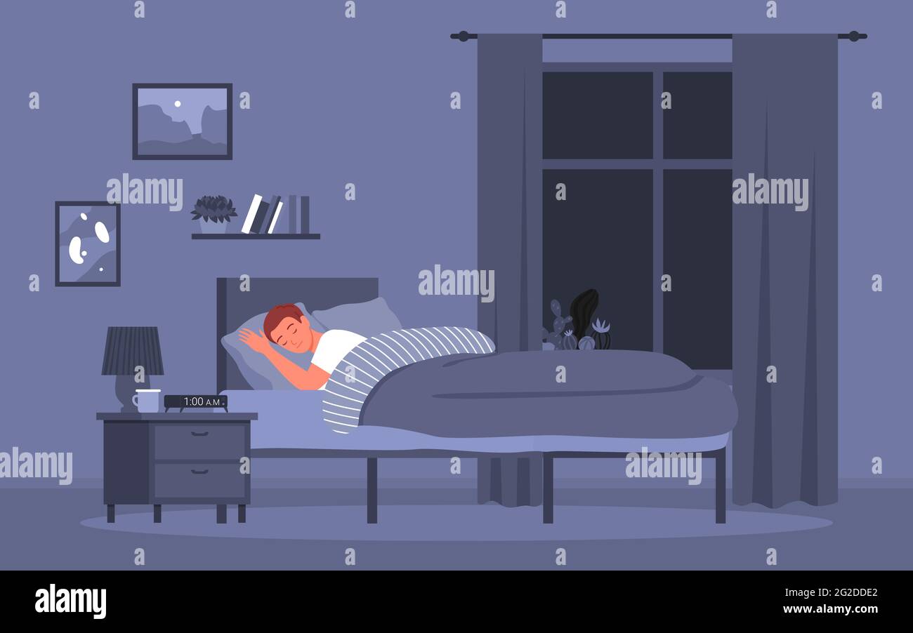 Un giovane che dorme a dormire fino a tarda notte, un ragazzo che dormiva in un comodo letto Illustrazione Vettoriale