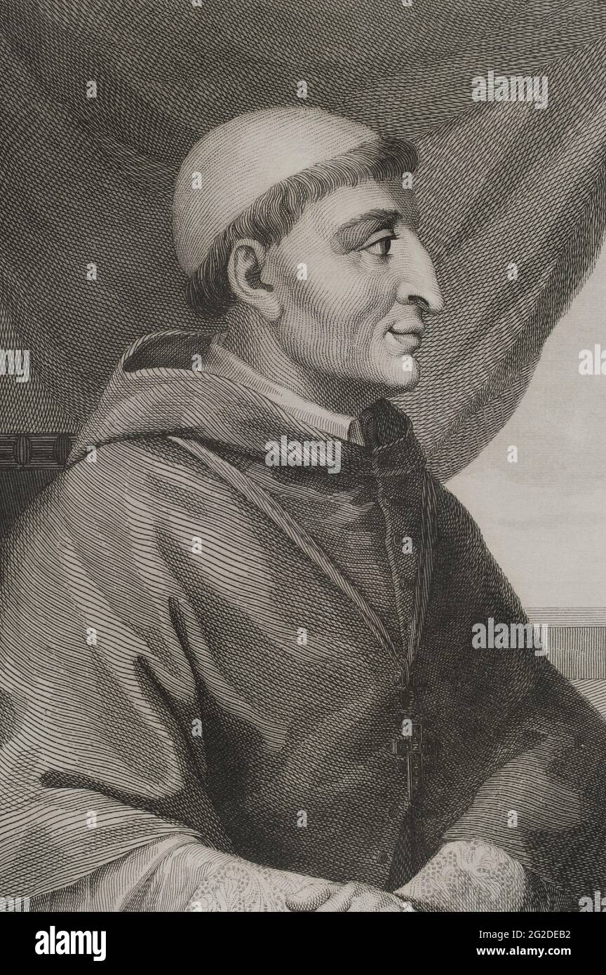 Francisco Jiménez de Cisneros, noto come Cardinale Cisneros (1436-1517). Cardinale, arcivescovo di Toledo, Primate di Spagna e III Inquisitore Generale di Castiglia. Verticale. Incisione di Antonio Roca Sallent. Las Glorias Nacionales, 1853. Foto Stock