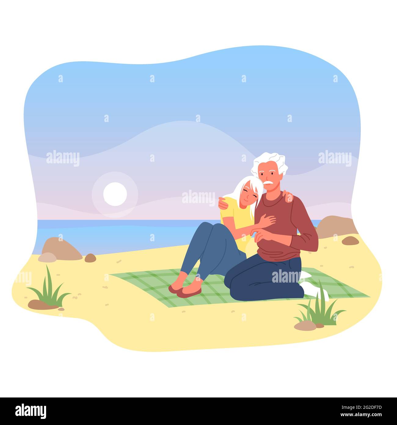 Anziano affettuoso coppia persone abbraccio, anziano uomo e donna seduta insieme sulla spiaggia di mare Illustrazione Vettoriale