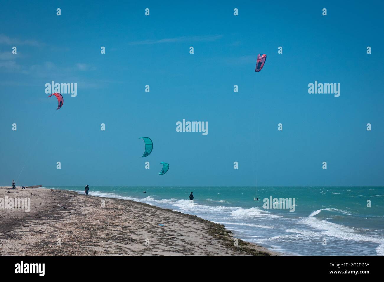 Il turista è pratiche il kiteboarding o il kitesurfing, uno sport estremo in cui il Kiter usa il potere del vento con un grande potere Kite per essere tirato su un wate Foto Stock