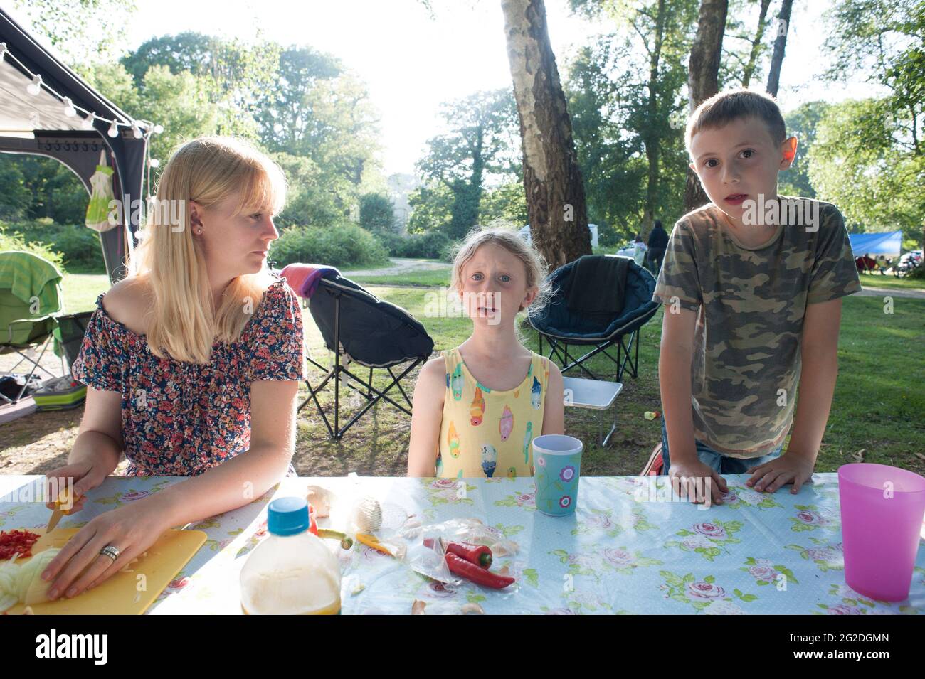 Famiglia e amici che si divertano con una carovana e un campeggio staycation viaggio Foto Stock