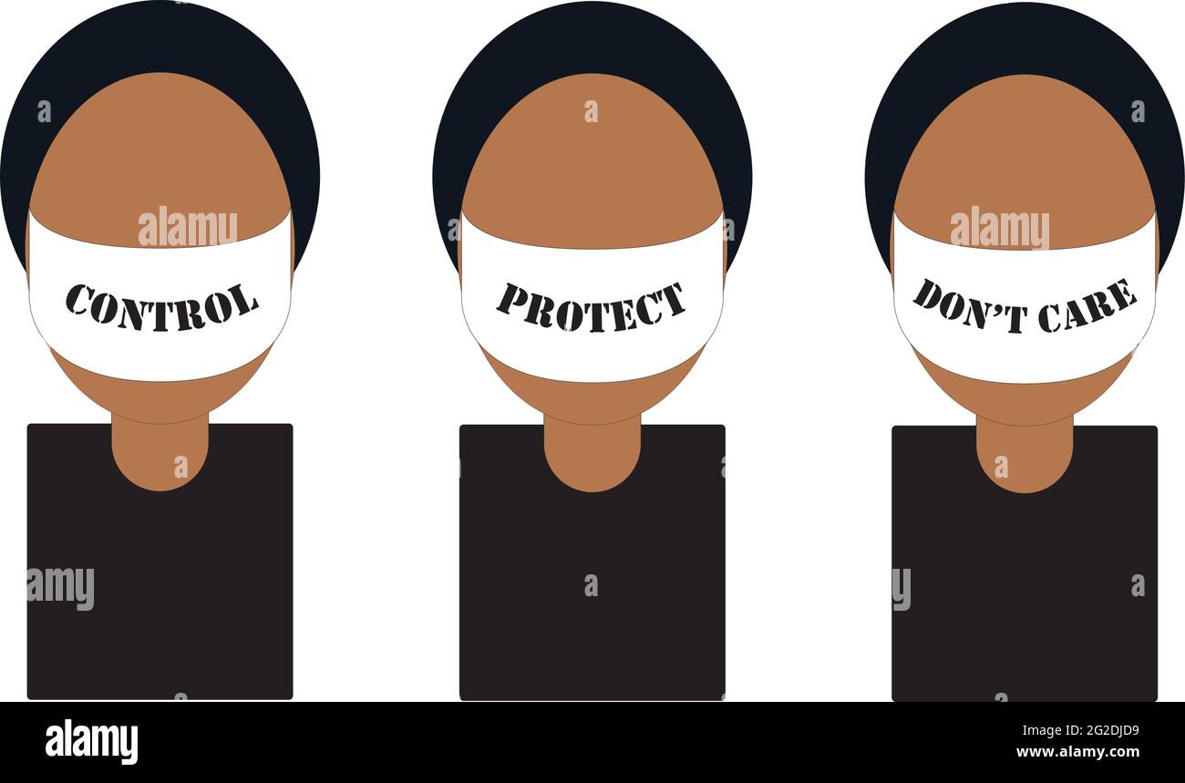 Icona della testa della donna isolata che indossa una maschera facciale con tre messaggi Illustrazione Vettoriale