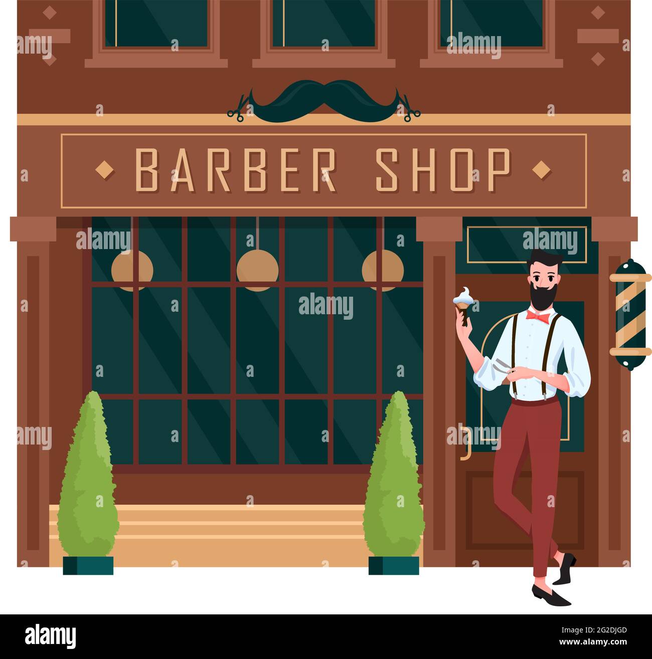 Barbiere aperto, strada edificio marrone facciata di barbiere retro con barbiere uomo Illustrazione Vettoriale