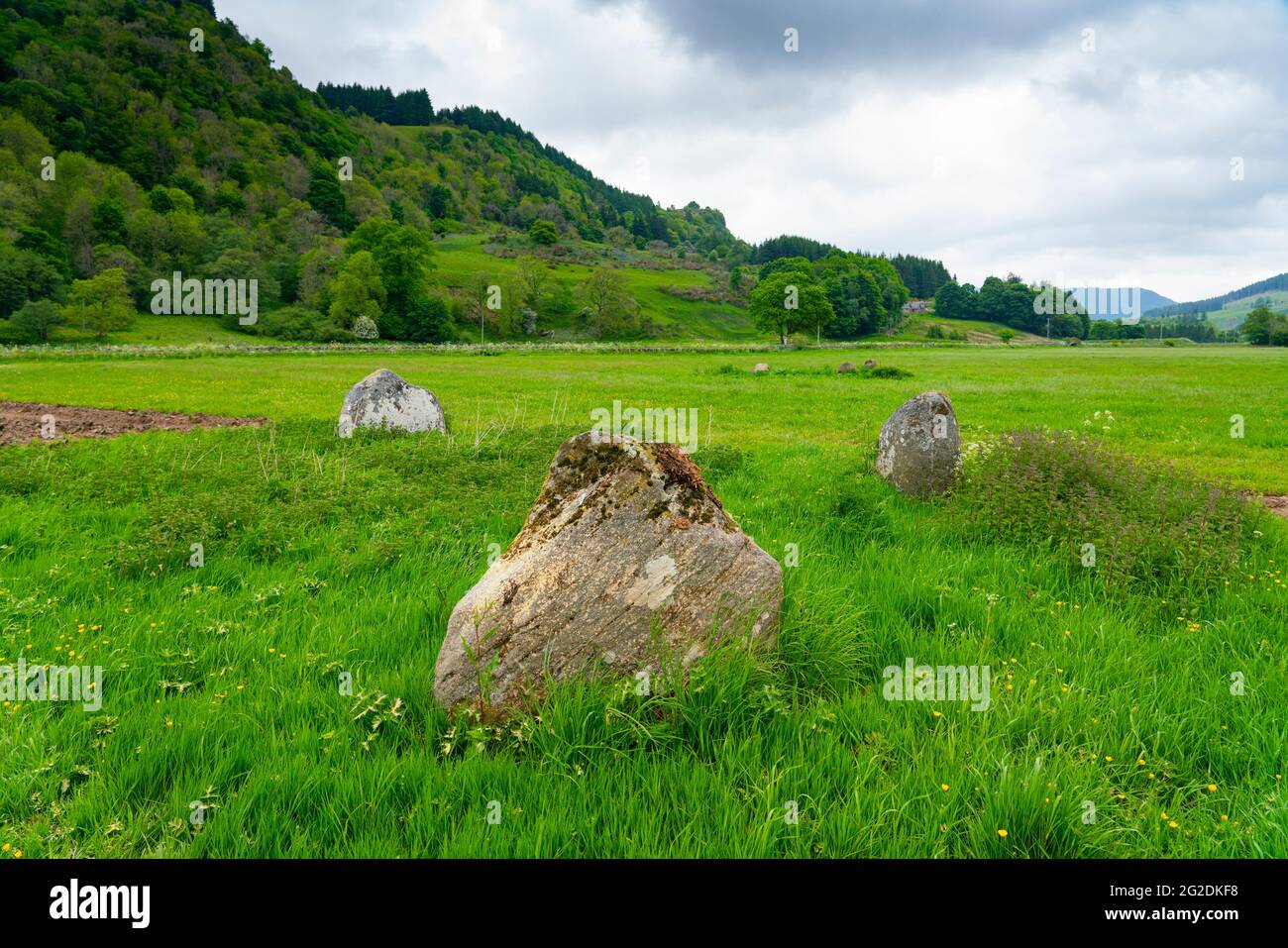 Uno dei tre cerchi di pietra in un campo a Fortingall a Glen Lyon, Perthshire, Scozia, Regno Unito Foto Stock