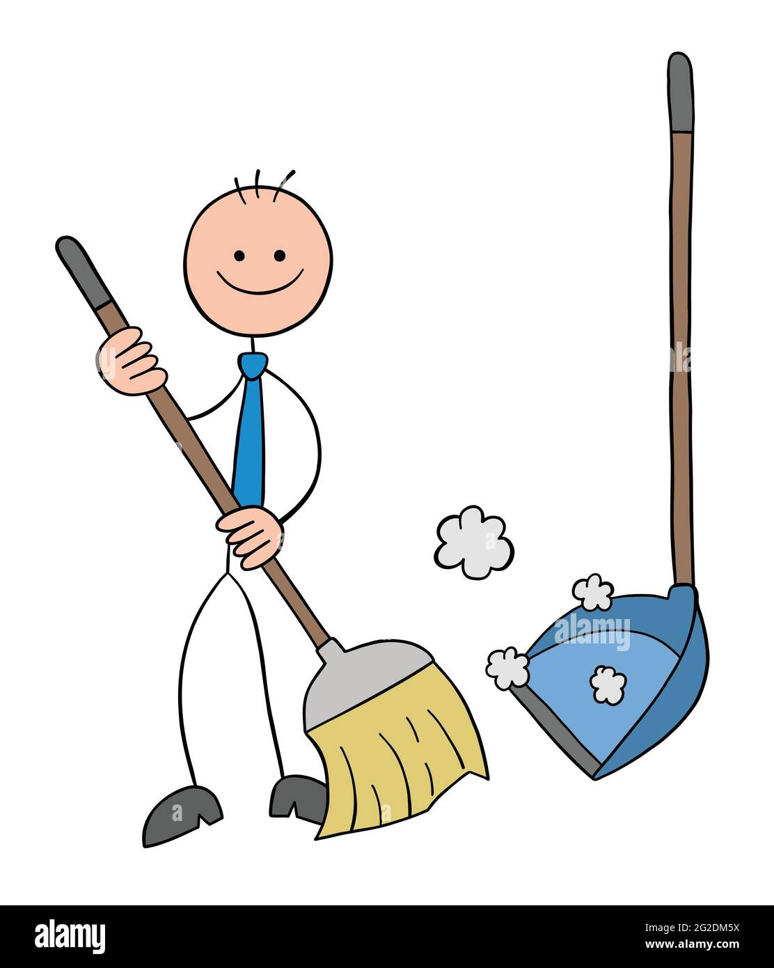 Personaggio Stickman uomo d'affari con scopa e paletta, spazzando il  pavimento, cartoni animati vettoriali illustrazione. Contorno nero e  colorato Immagine e Vettoriale - Alamy