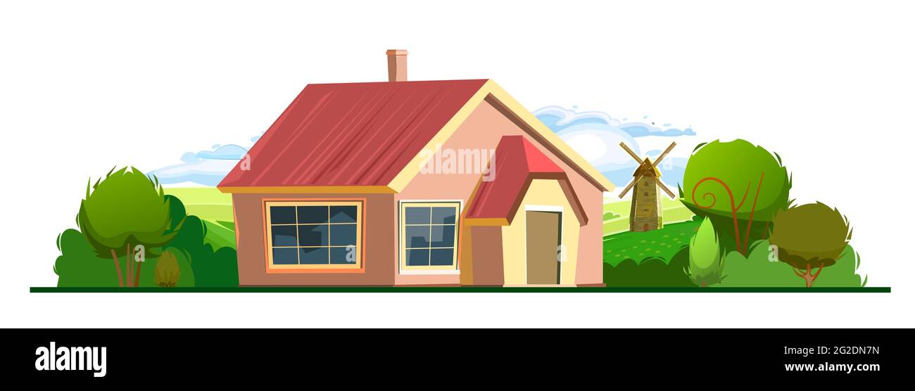 Casa rurale nel giardino. Mezzo giro. Allegro cartone animato in stile piatto. Isolato su sfondo bianco. Tetto rosso a tegole. Piccolo e intimo cottage suburbano con Illustrazione Vettoriale