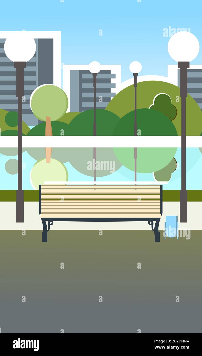 Panca e laghetto. Area del parco cittadino. Alberi, arbusti e lanterne. Splendido paesaggio urbano estivo in colori sfrenati. Un luogo dove rilassarsi, passeggiare e darsi Illustrazione Vettoriale