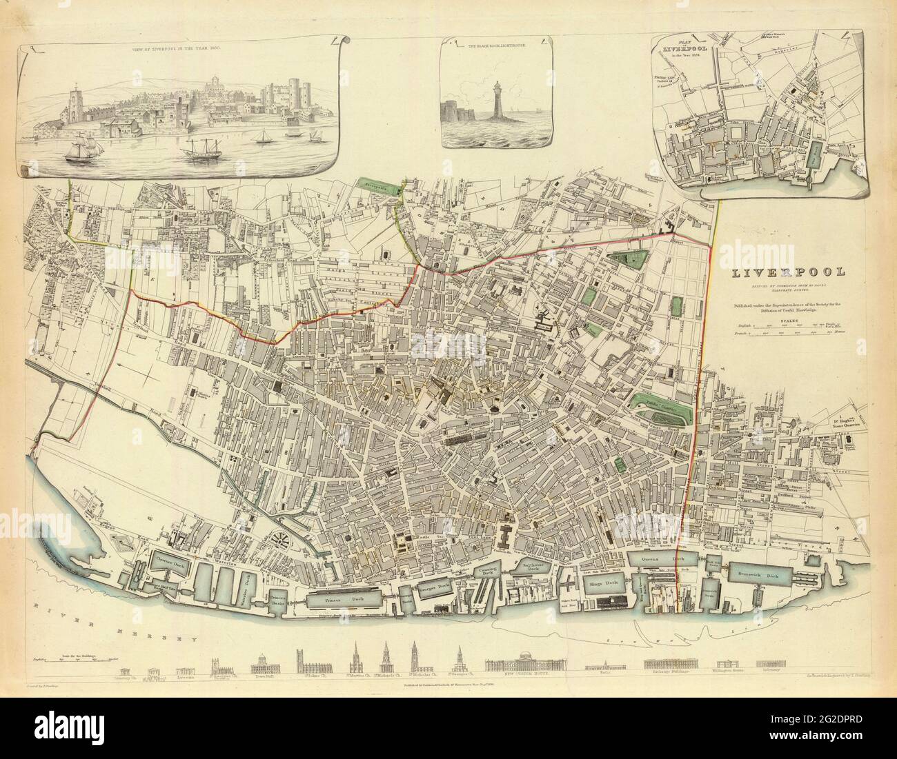 Mappa di Liverpool, Mappa di Gran Bretagna, Mappa di Inghilterra, Mappa di Regno Unito, Vecchia mappa d'Europa, Mappe antiche, Mappa del Vecchio mondo, Mappa del mondo digitale, Vecchia Inghilterra, 1836 Foto Stock