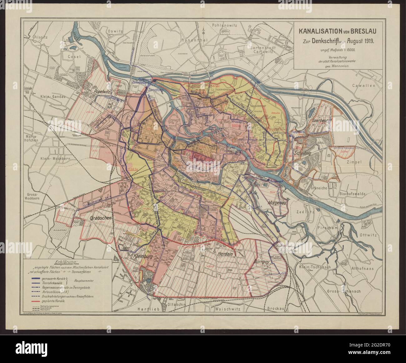 Fognatura di Breslavia, vecchia mappa di Breslavia, Breslavia Polonia Art, Breslavia Polonia, Poster Breslavia, Mappa della Polonia, Poland Map, retro Map of Poland, Annata,1919 Foto Stock