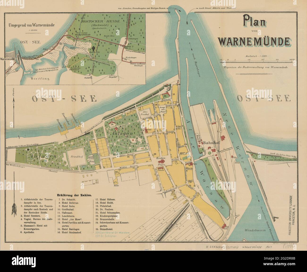 Warnemunde Mappa, Mappa di Warnemunde, Old Warnemunde Mappa, Germania Mappa, Germania Stampa mappa, Old Map, retro City map, Vintage City Map, 1907 Foto Stock