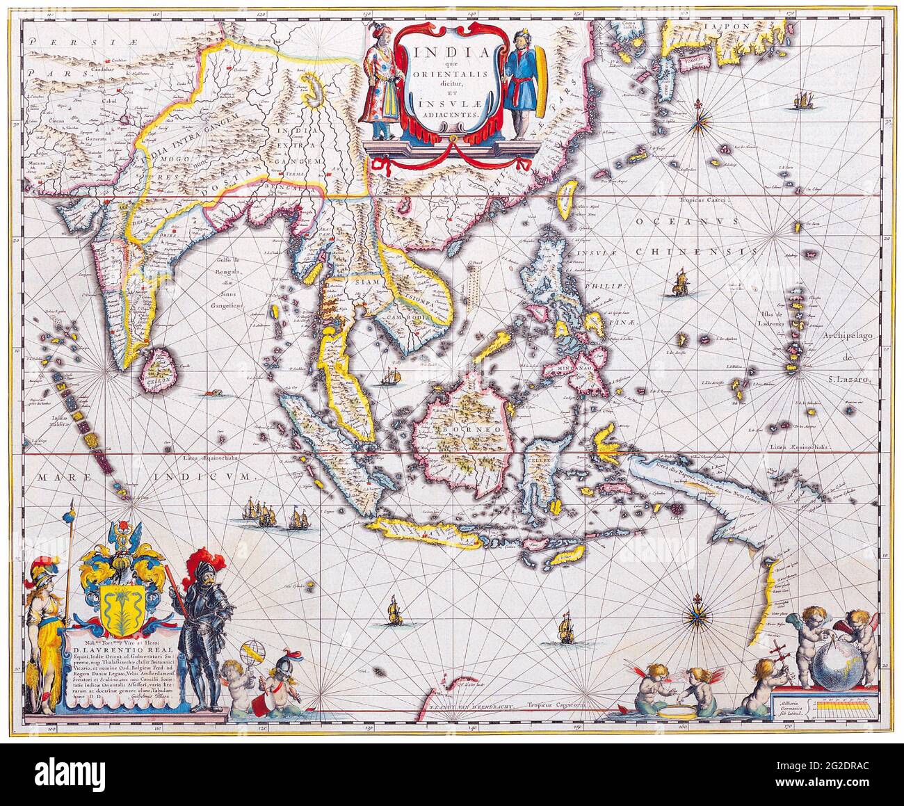 Vecchia mappa dell'Asia, Mappa dell'Asia retro, Mappa dell'Asia vintage, Mappa dell'Asia antica, Mappe antiche del mondo, Mappa del Sud Est asiatico, Willem Blaeu, c 1650 Foto Stock