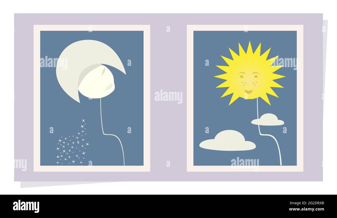 Giorno e Notte Donna Ritratto. Stelle della Luna e nuvole del sole. Illustrazione vettoriale su sfondo bianco Illustrazione Vettoriale