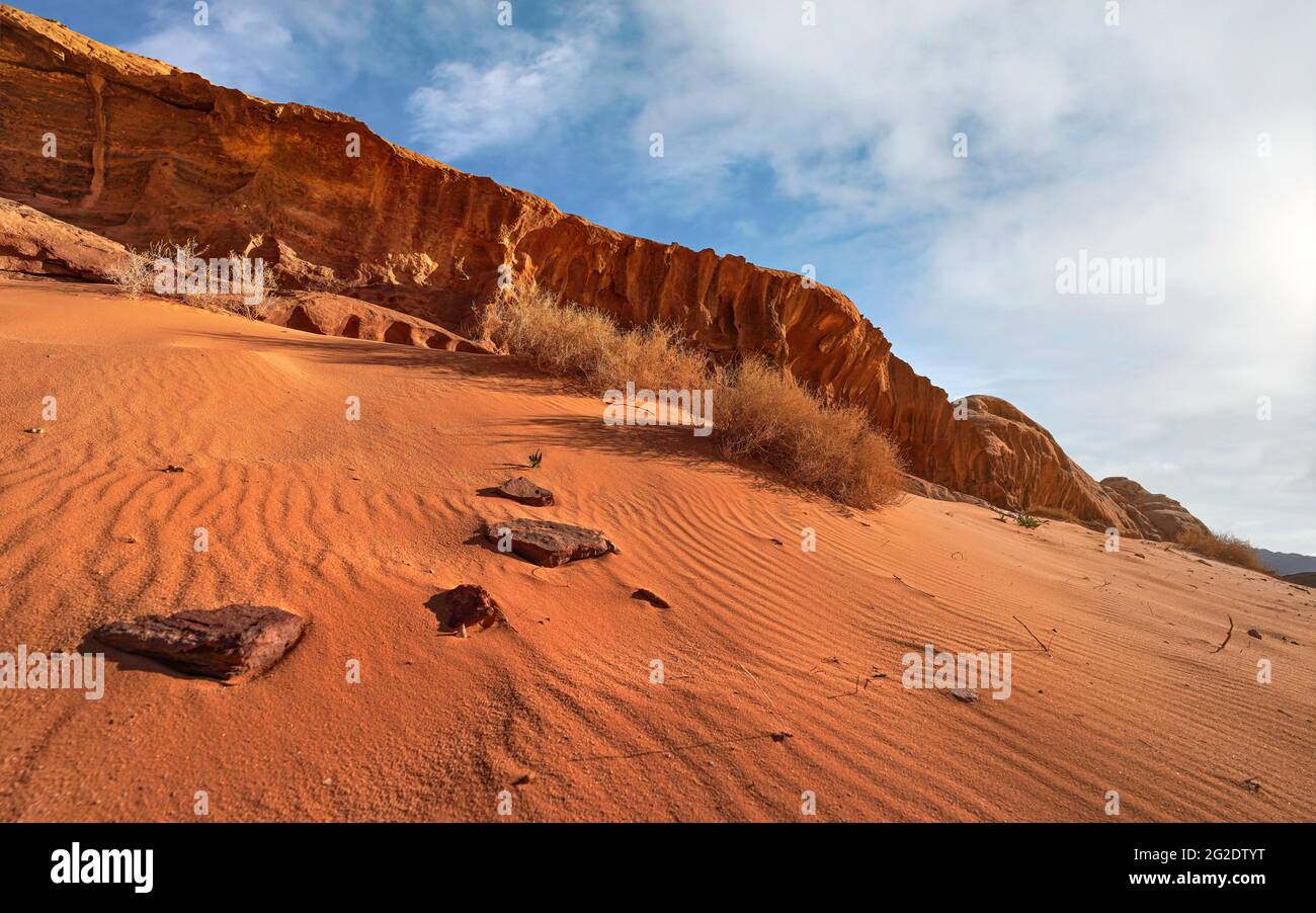 Formazioni rocciose nel deserto di Wadi Rum, sole luminoso splende su sabbia rossa, rocce, alcuni cespugli secchi, cielo blu sopra Foto Stock