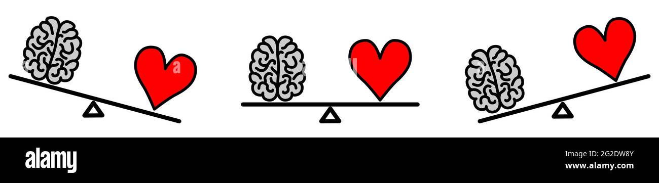 Carino Kawaii stile cervello e cuore su scala di peso della segala, equilibrato o un lato più pesante versione, emozioni e pensiero razionale concetto di conflitto Illustrazione Vettoriale