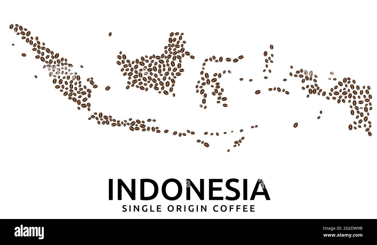 Forma della mappa indonesiana fatta di chicchi di caffè sparsi, nome del paese qui sotto Illustrazione Vettoriale