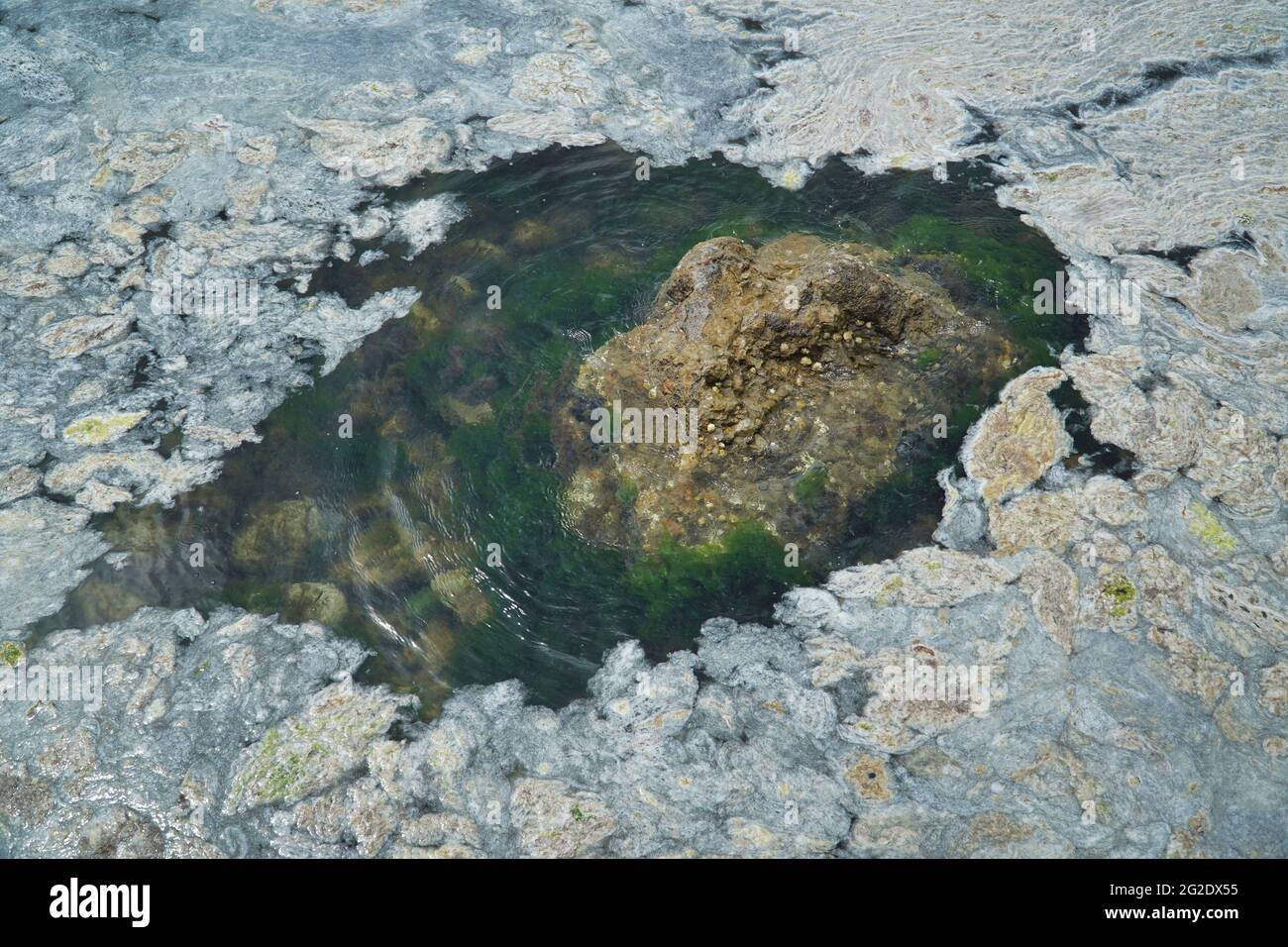 Strato bianco formato sulla superficie del mare di Marmara a causa del fiocco di mare o saliva di mare in Caddebostan, Kadikoy, Istanbul, Turchia Foto Stock