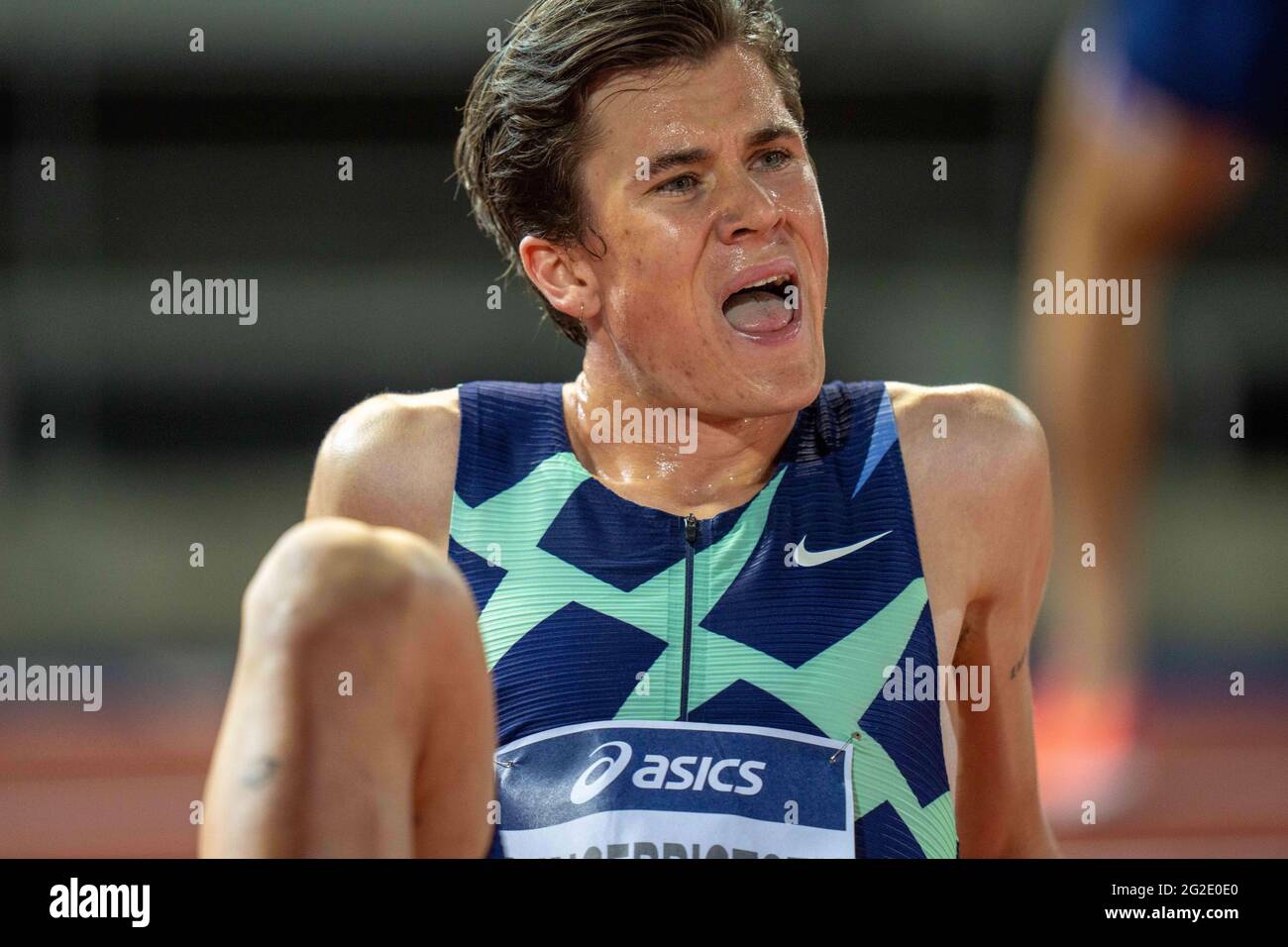 Firenze, Italia. Giugno 10 2021; Muller Diamond League Grand Prix Athletics, Firenze e Roma; Jakob Ingebrigtsen (Norvegia) dopo aver vinto i Mens 5000m e aver impostato un nuovo record europeo Credit: Action Plus Sports Images/Alamy Live News Foto Stock