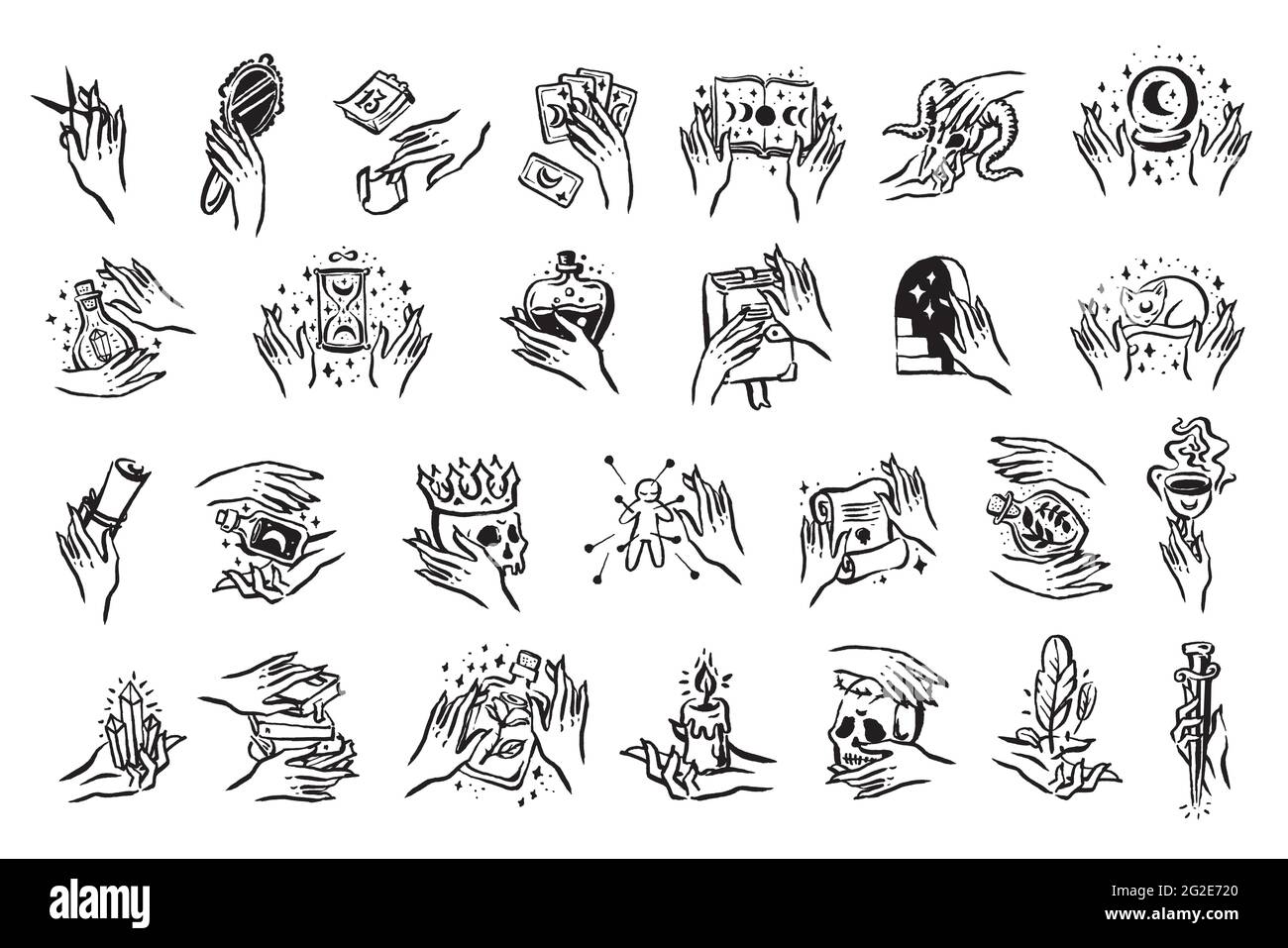 Misticismo stregoneria occulta disegnata a mano icona set di illustrazione Illustrazione Vettoriale