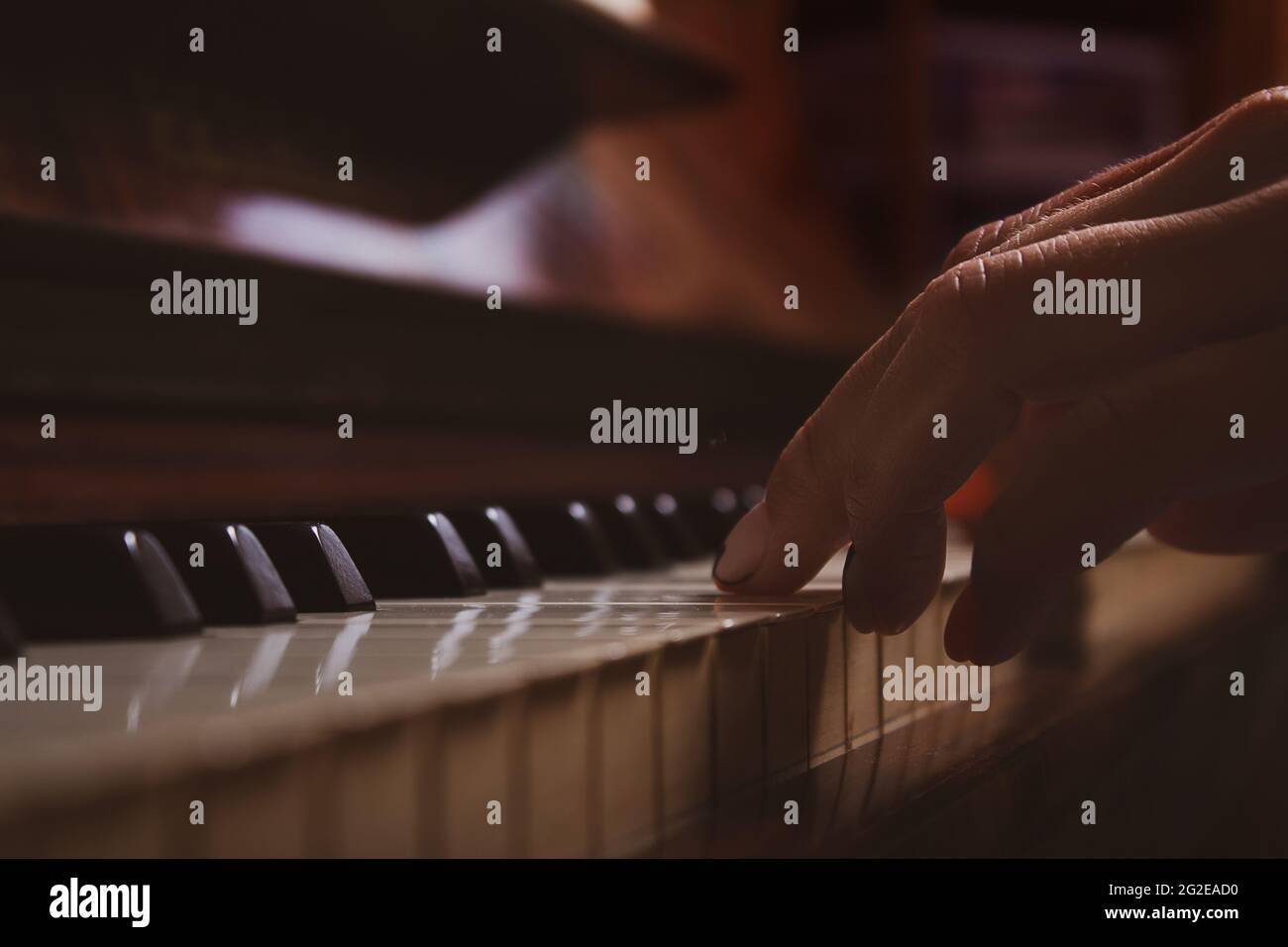 Donna che suona piano. Primo piano. Dita sui tasti. Foto Stock