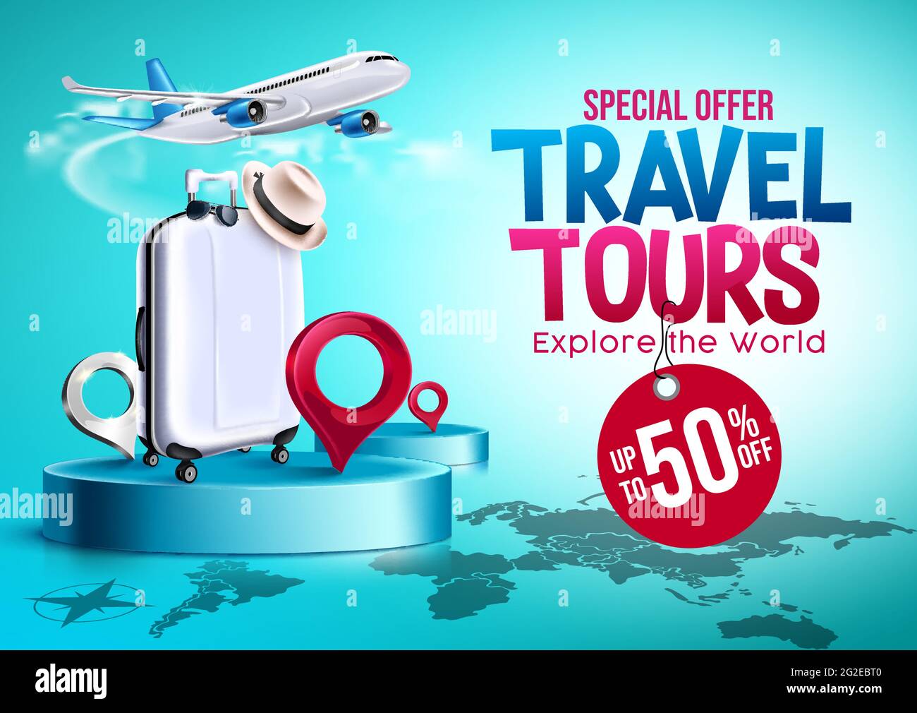 Viaggi vendita vetector banner design. Testo dell'offerta speciale per i tour di viaggio fino al 50% di sconto sui bagagli e gli elementi di viaggio in aereo per tutto il mondo. Illustrazione Vettoriale