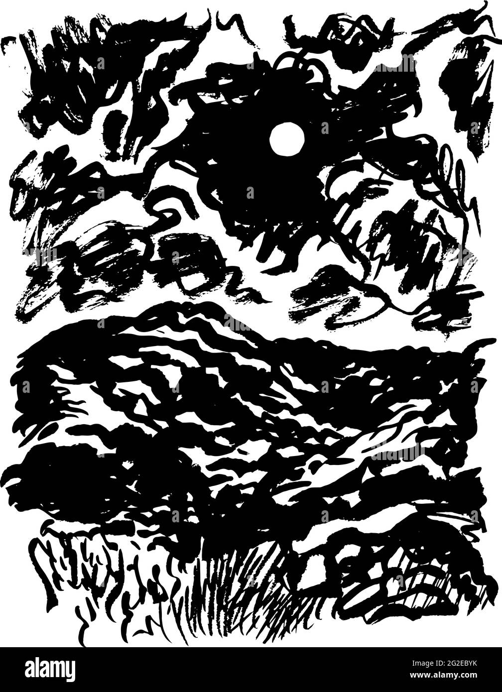 Paesaggio cielo notturno schizzo in bianco e nero. Montagne, luna, stelle. Semplice illustrazione monocromatica.grafica vettoriale Illustrazione Vettoriale
