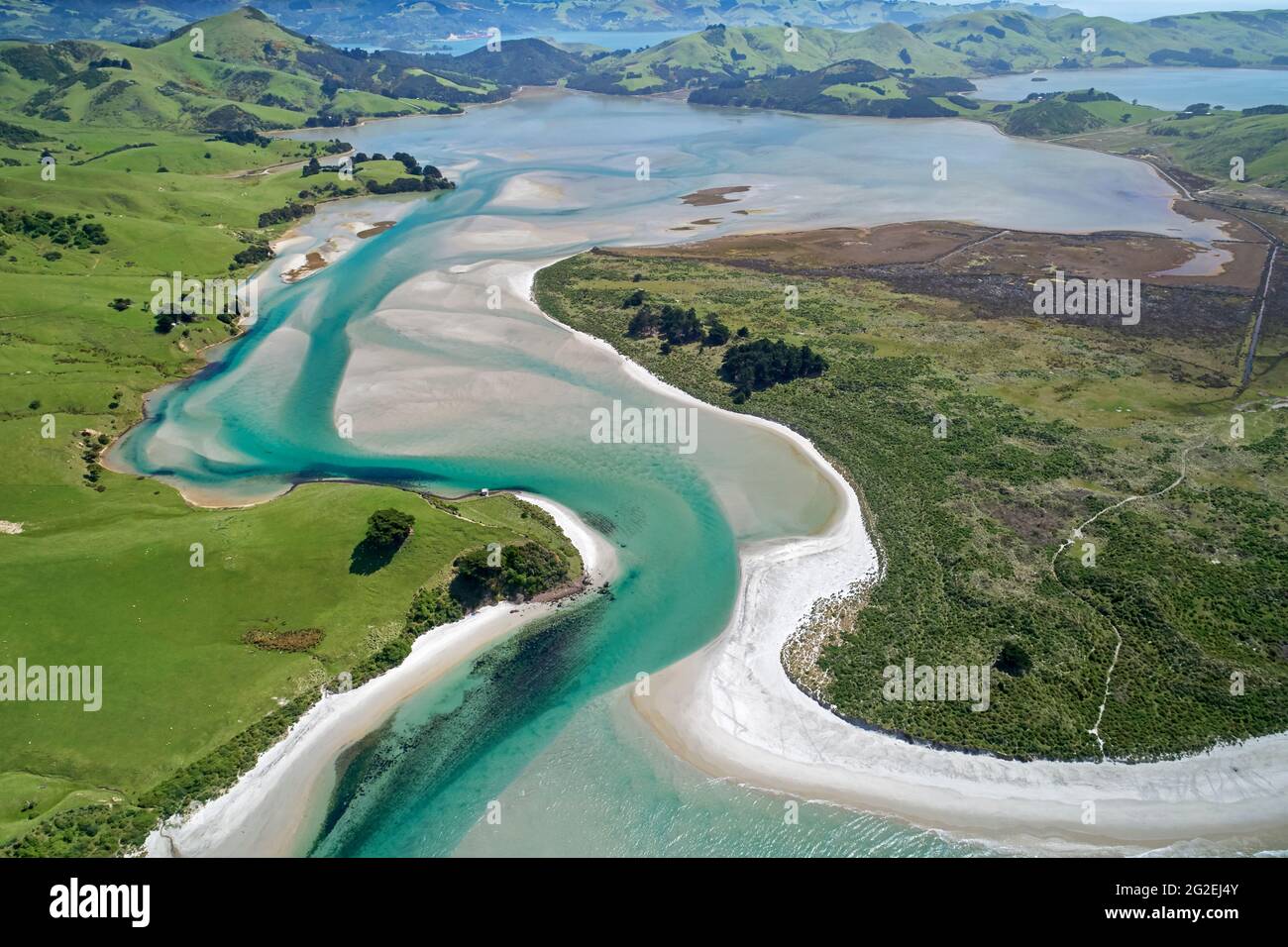 Hoopers Inlet e Allans Beach, la Penisola di Otago, Dunedin, Isola del Sud, Nuova Zelanda - aereo drone Foto Stock