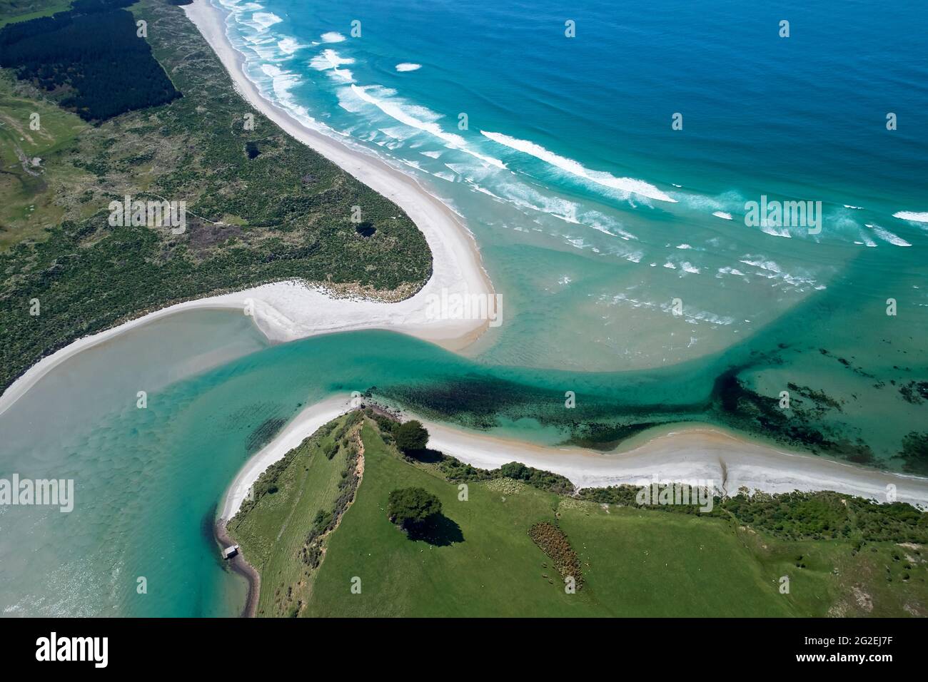 Hoopers Inlet e Allans Beach, la Penisola di Otago, Dunedin, Isola del Sud, Nuova Zelanda - aereo drone Foto Stock
