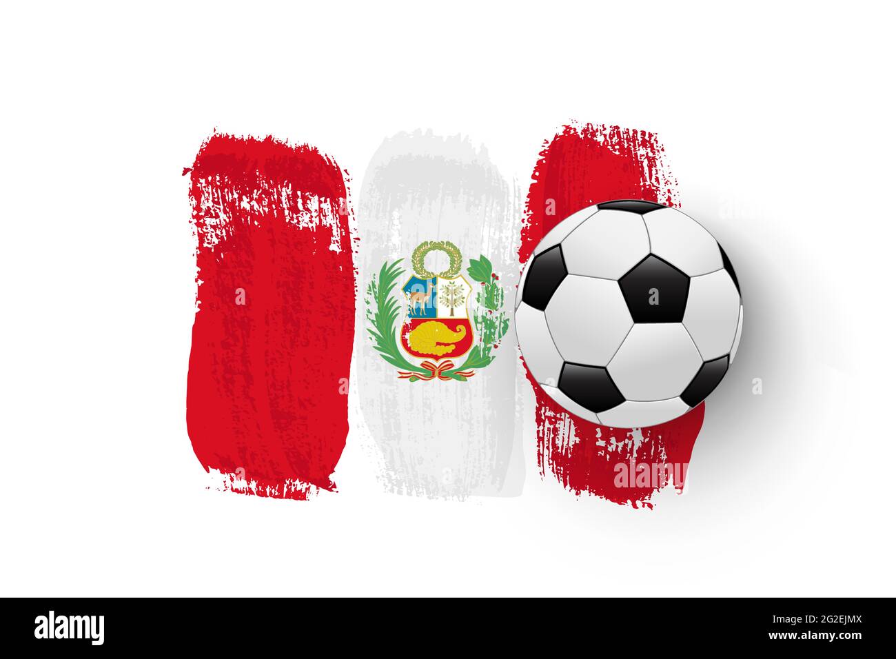Pallone da calcio realistico sulla bandiera del Perù fatto di colpi di pennello. Elemento di disegno del calcio vettoriale Illustrazione Vettoriale