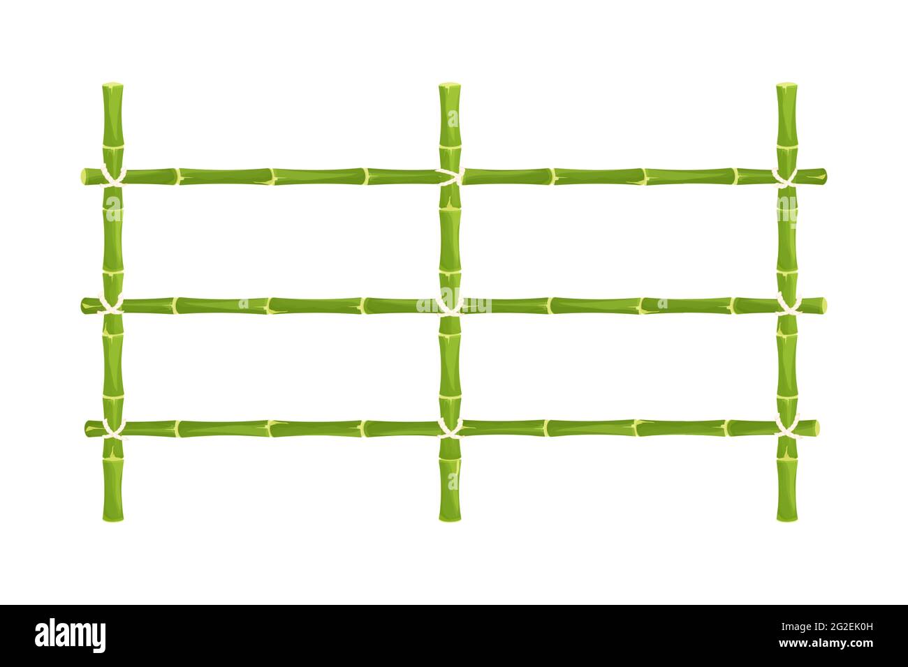 Recinzione di bambù verde con corda in stile cartone animato isolato su sfondo bianco. Barriera naturale da bastoni, tavole. Protezione rustica all'aperto. Asiatico, tri Illustrazione Vettoriale