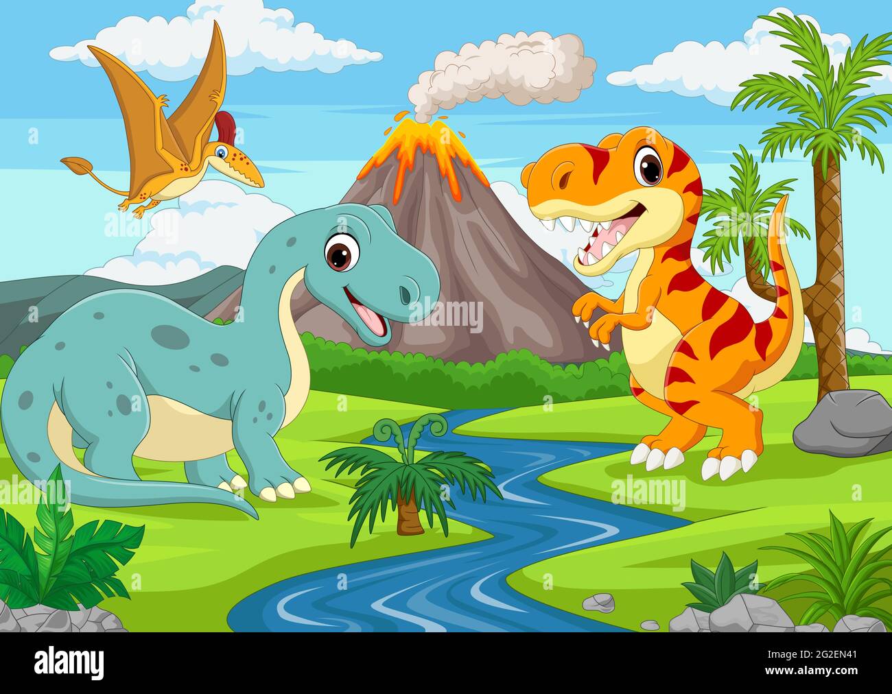 Gruppo di divertenti dinosauri cartoni animati nella giungla Immagine e  Vettoriale - Alamy