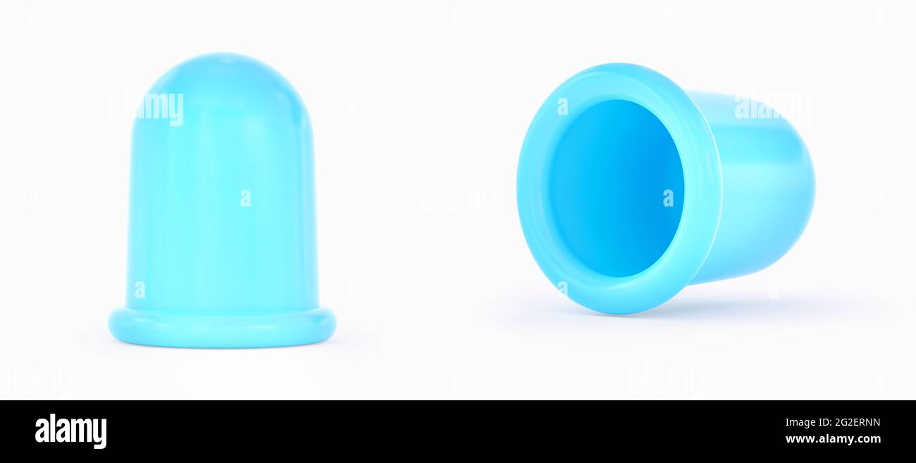 Strumento di massaggio anti-cellulite con bolle in silicone. Coppa anticellulite con massaggio blu isolata su sfondo bianco. Rendering 3D. Vista frontale e laterale. Foto Stock