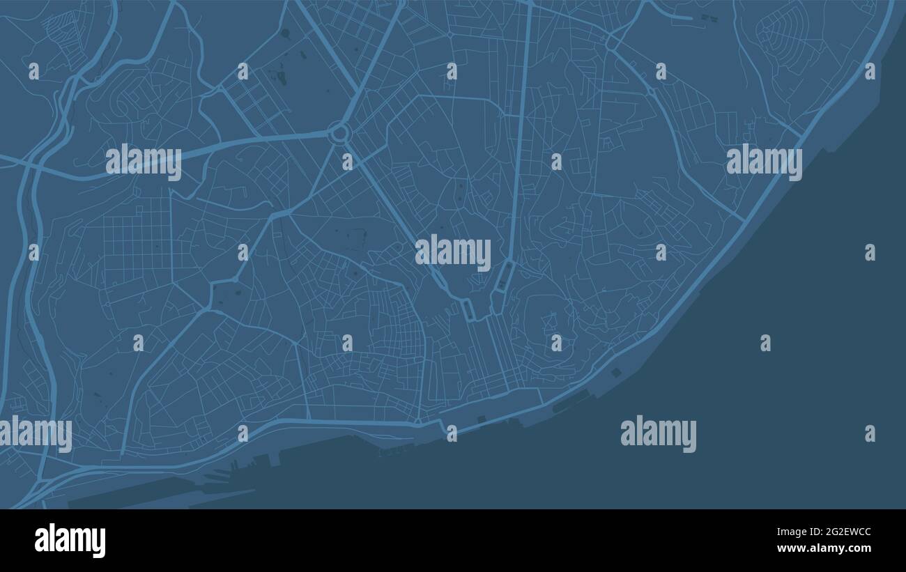 Blue Lisbon Mappa vettoriale dell'area della città, strade e cartografia dell'acqua. Formato widescreen, formato digitale piatto. Illustrazione Vettoriale