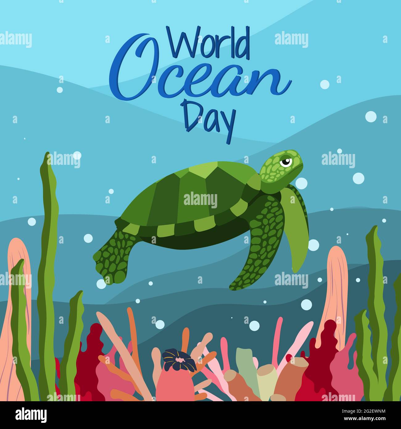 Giornata mondiale dell'oceano in stile cartoon su sfondo blu con le belle tartarughe verdi, alghe e coralli. Orientamento quadrato. Grafico vettoriale. 8 giugno. Illustrazione Vettoriale
