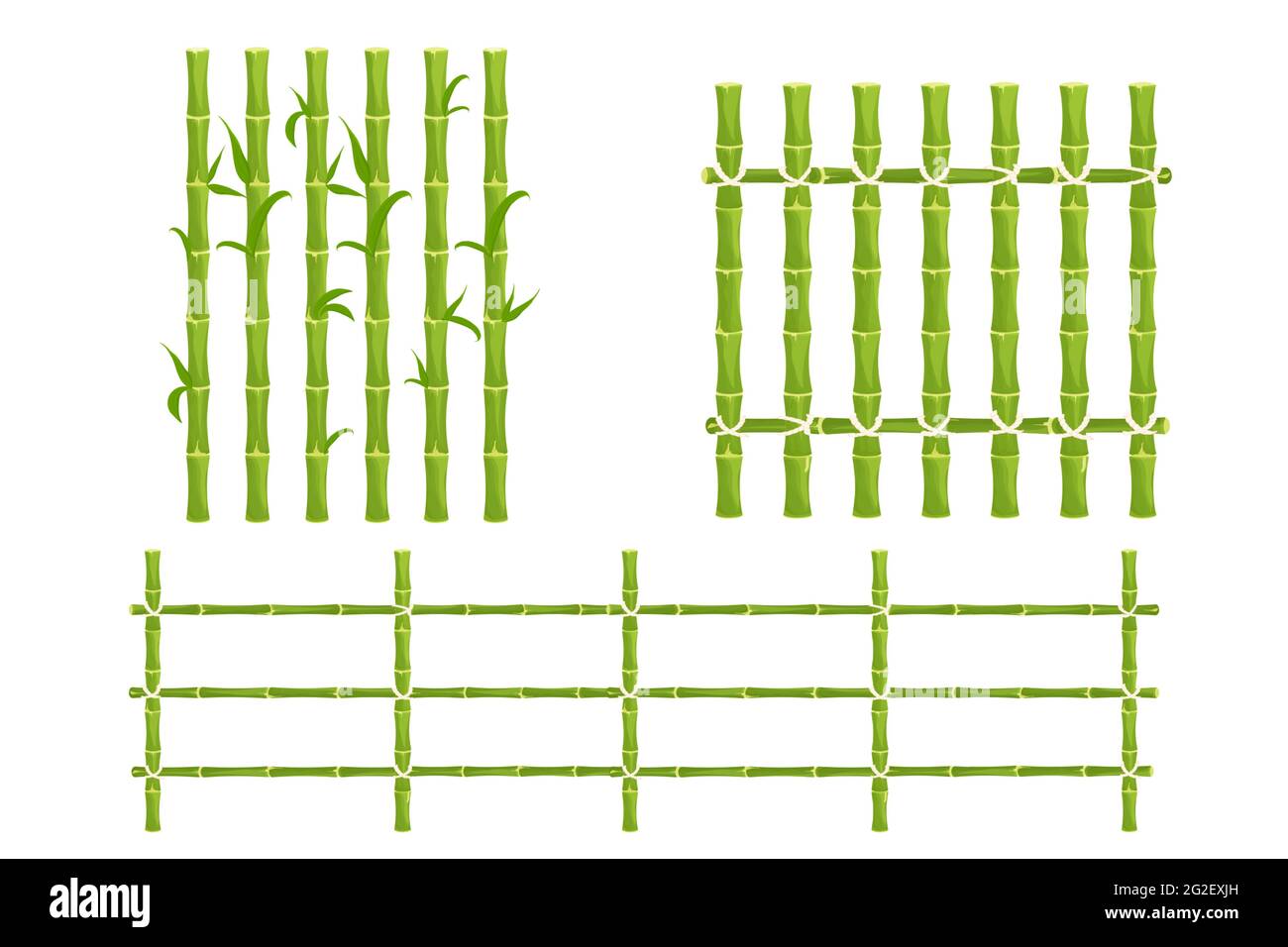 Set recinto di bambù verde con corda, picket da bastoni, parete natura in stile cartone animato isolato su sfondo bianco. Barriera naturale da bastoni, tavole. Illustrazione Vettoriale