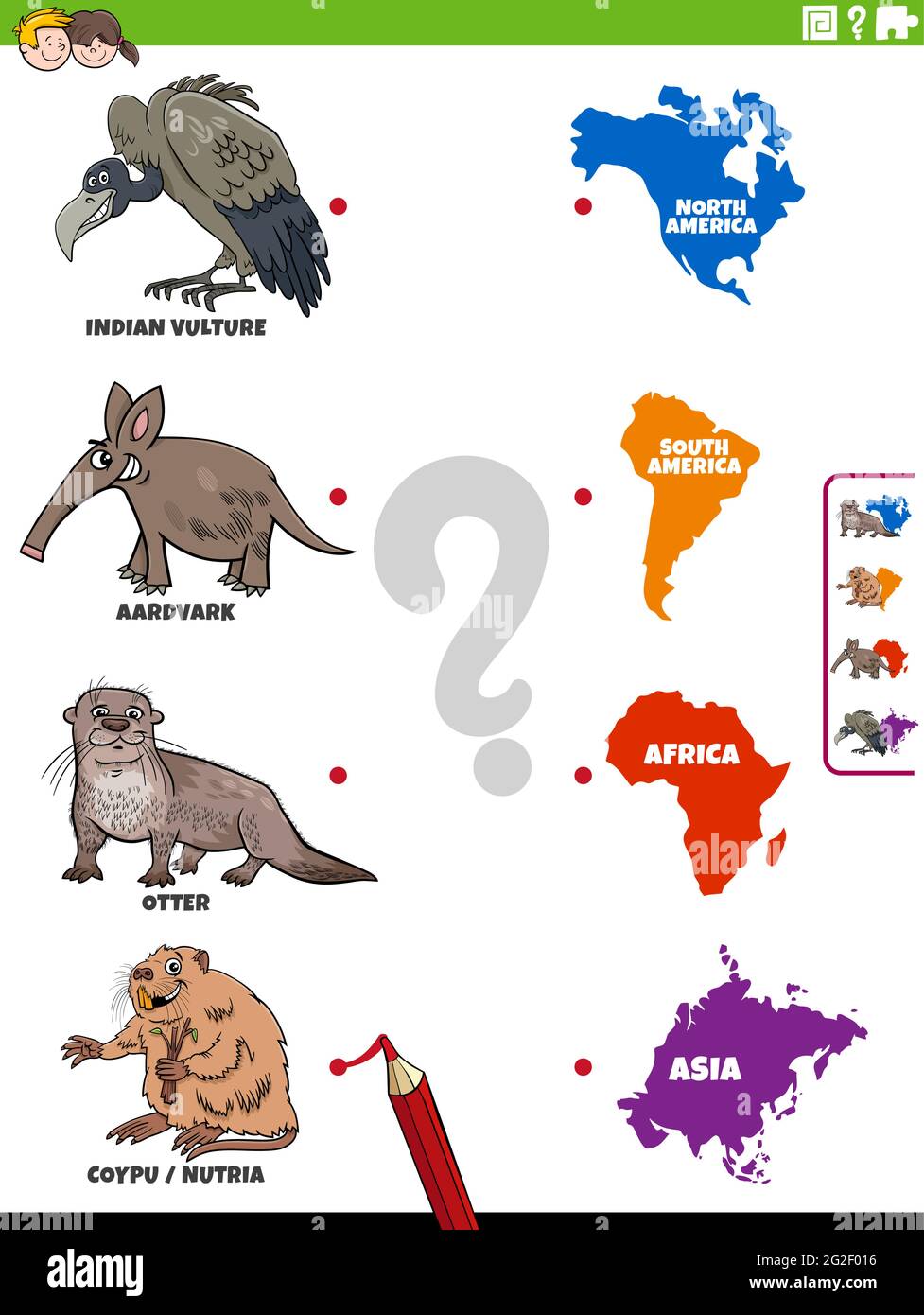 Illustrazione cartoon di attività educativa di corrispondenza per i bambini con animale caratteri di specie e continenti Illustrazione Vettoriale