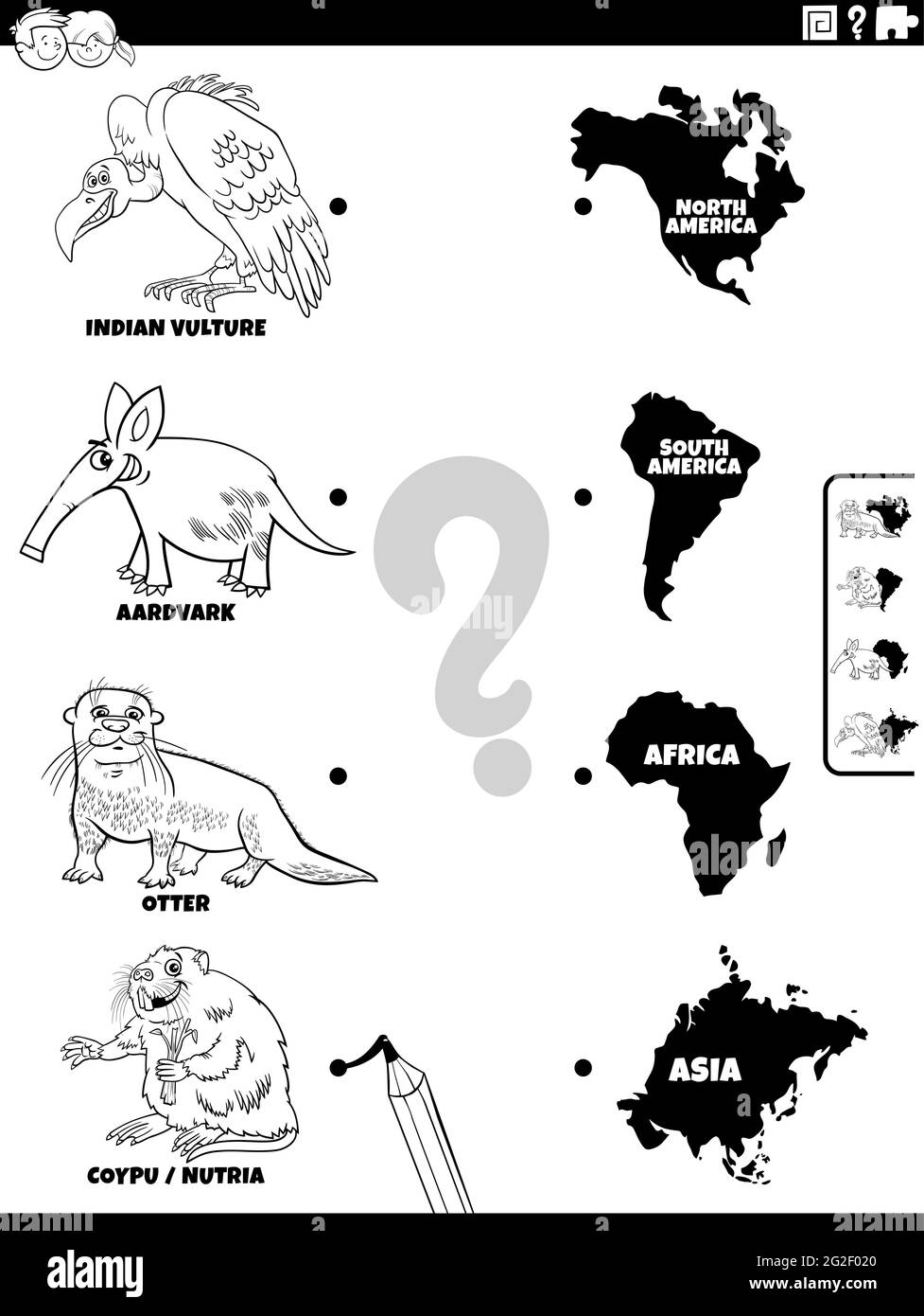 Illustrazione cartoon in bianco e nero di gioco educativo di corrispondenza per bambini con specie animali caratteri e continenti colorare pagina libro Illustrazione Vettoriale